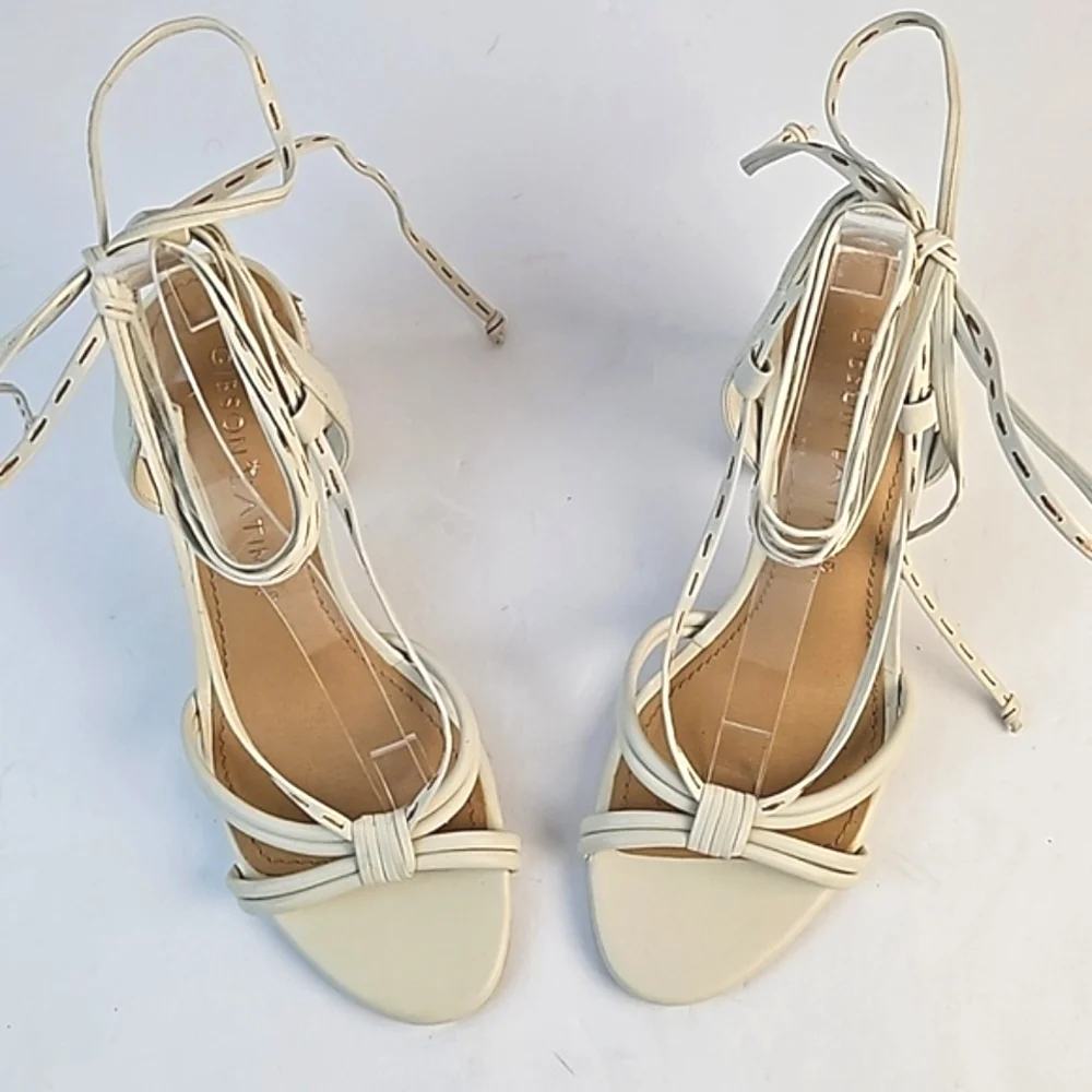 Gibson Latimer Tasha Sheep Leather Cream Open Toe Ankle Wrap Block Heel Sandal - Picture 10 of 16